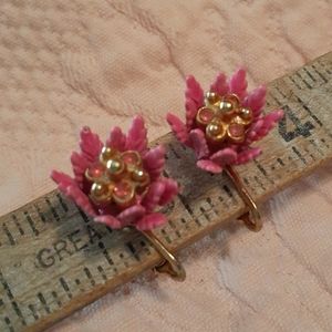 Vintage Coro Pink Enamel Flower Clip on Earrings